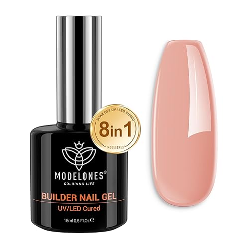 Modelones Builder Nail Gel, 8-in-1 Sheer Nude Pink Gel Builder, Apricot Blush Pink Rubber Base Gel Polish for Nail Thickening Apex Building LED Nail Lamp Cured Hard Gel Nail Strengthener Extension Gel - Nude Pink