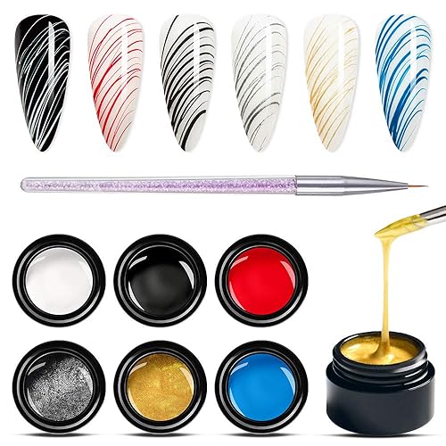 MEET ACROSS Painting Elastic Drawing Spider Gel 6 Colors Soak off UV LED Gel Polish, Drawing Nail Gel for Line, DIY Nail Art Manicure with Brushes - Spider Gel-a