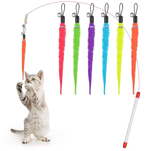 Molain Cat Wand Toy Set -Cat Teaser+ 6Pcs Furry Tail Worms with Bells Interactive Cat Chaser Toys - Cat Teaser+ 6Pcs Furry Tail Worms