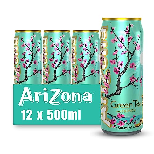 Arizona Green Iced Tea with Honey, Pack of 12 x 500ml Cans, Delicious Fruit Iced Tea Drink, No Artificial Colours, No Artificial Preservatives - Green Tea with Honey - 12 x 500ml