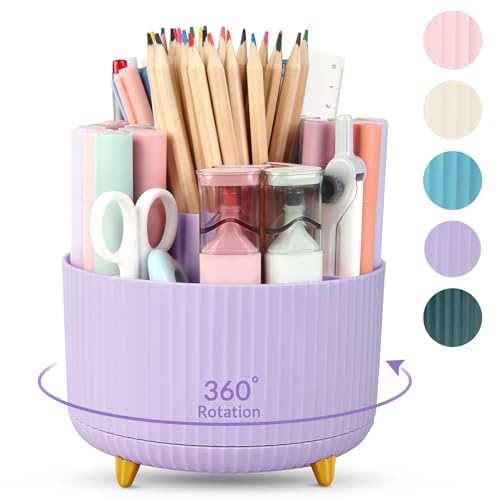 SKYDUE 360 Degree Rotating Desk Organizer, Dual-Purpose Pencil Pen Holder for Desk, Rotating Desk Pen Organizer with 5 Slots, Art Supplies, Pencil Cup for Office, School, Home (Purple) - 5.8*5.8*4.7 Inches - Purple