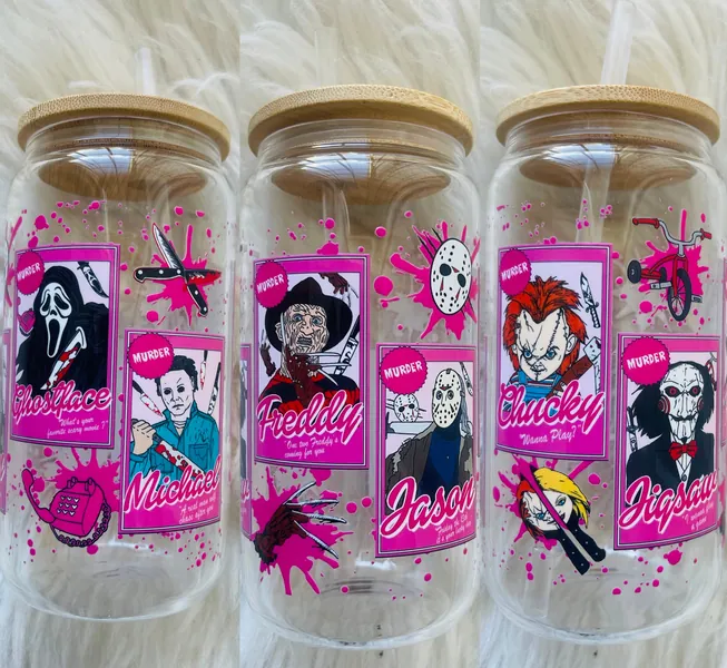 16oz glass can | reusable can cup | chucky  | jigsaw | Freddy | Jason | ghost face | Michael