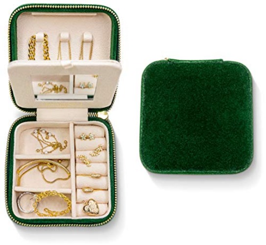 Plush Velvet Travel Jewelry Organizer Box | Travel Jewelry Case Jewelry Boxes for Women | Jewelry Travel Organizer, Jewelry Travel Case for Women | Earring Organizer with Mirror - Emerald Velvet - Emerald Green