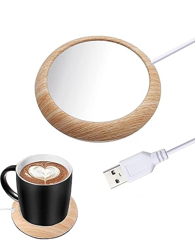 MYMULIKE Kaffeetassenwärmer,Tassenwärmer für Schreibtisch mit USB-Getränkewärmer Teetassenwärmer Bürowärmer Heizplatte für Tee, Wasser, Milch für Schreibtisch, Zuhause, Büro - Leichte Holzmaserung-7.5cm