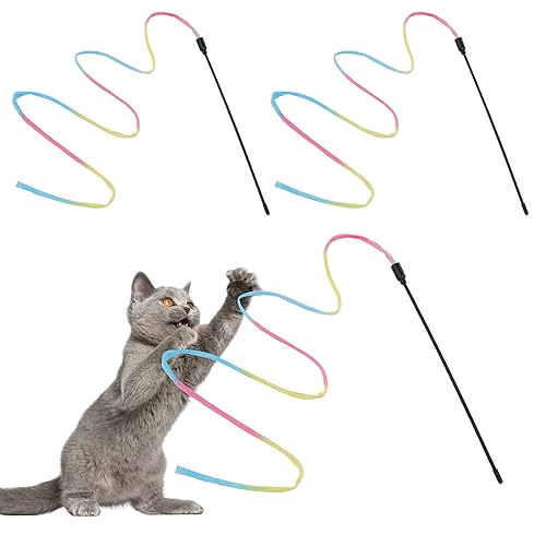 Molain Cat Zauberstab Regenbogenspielzeug 3pcs Rainbow Ribbon Zauberstab für Kitten Training Rainbow Ribbon Zauberstab Interaktiver Catcher Teaser Zauberstab für Kitten Cat Exerciser(30cm) - Regenbogenfarbe, 3 Stück