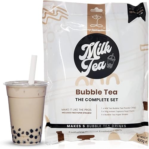 Wild Monk Boba Tea Kit - Bubble Tea Set for Boba Tea at Home - Set Contains Milk Tea Powder (150g), 5x Instant Tapioca Pearl Packs (50g each), 5x Bubble Tea Paper Straws - Milk Tea Powder
