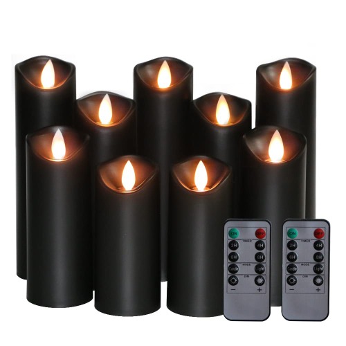 Kitch Aroma Black flameless Candles, Black Candles Battery Operated LED Pillar Candles with Moving Flame Wick with Remote Timer,Pack of 9