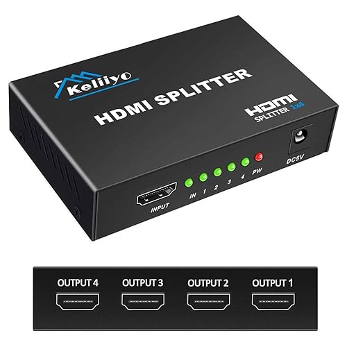 KELIIYO HDMI Splitter 1 in 4 Out V1.4b Powered HDMI Video Splitter with AC Adaptor Duplicate/Mirror Screen Monitor Supports Ultra HD 1080P 2K x4K@30Hz and 3D Resolutions (1 Input to 4 Outputs) - Black