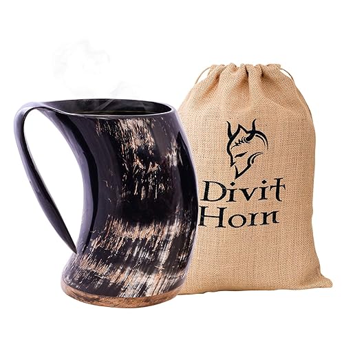 Divit Genuine Viking Drinking Horn Mug | Authentic Medieval Beer Horn Tankard | 24oz (700 ml) Capacity | Horn Cup/Stein. (Hot Horn Mug) - Hot Horn Mug