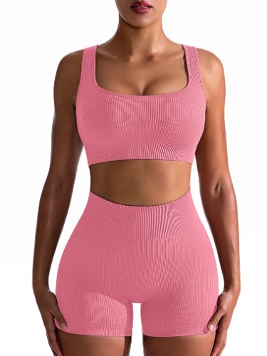 OQQ Workout Outfits for Women 2 Piece Seamless Ribbed High Waist Leggings with Sports Bra Exercise Set - Peachred Medium