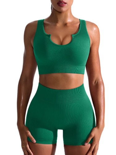 OQQ Workout Outfits for Women 2 Piece Seamless Ribbed High Waist Leggings with Sports Bra Exercise Set - Green1 Medium