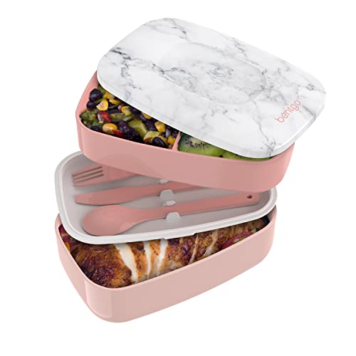 Bentgo Classic - All-in-One Stackable Bento Lunch Box Container - Modern Bento-Style Design Includes 2 Stackable Containers, Built-in Plastic Utensil Set, and Nylon Sealing Strap (Blush Marble) - Blush Marble