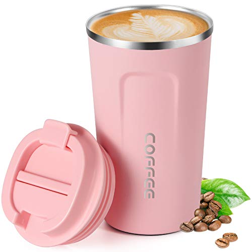 17oz (510ml) Vacuum Insulated Travel Mug, Smilatte Leakproof Double Wall Stainless Steel Reusable Coffee Cup with Lid for Hot & Cold Drinks, Matte Texture Pink - Pink - 17 OZ