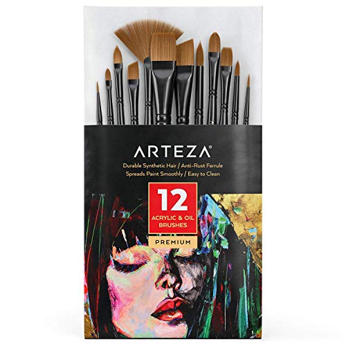 Arteza Paint Brushes, Set of 12, Premium Synthetic Acrylic & Oil Paint Brushes with Brass Ferrules & Wooden Birch Handles, Painting Art Supplies for Beginners and Experts - Acrylic & Oil
