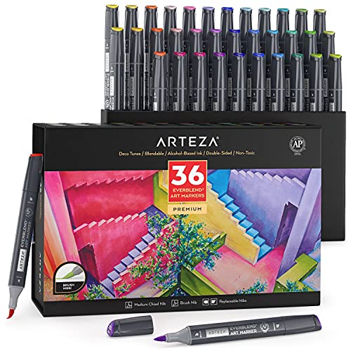 ARTEZA Alcohol Brush Markers, Set of 36 Colors, EverBlend Deco Tones, Medium Chisel and Brush Nib, Dual Tip Markers for Drawing and Sketching - 36 - Deco Tones