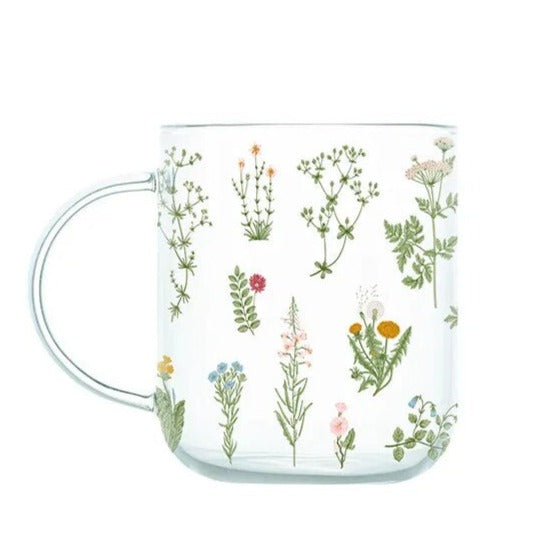 Grass Plant Botanical Cottagecore Pattern Glass Coffee Cup