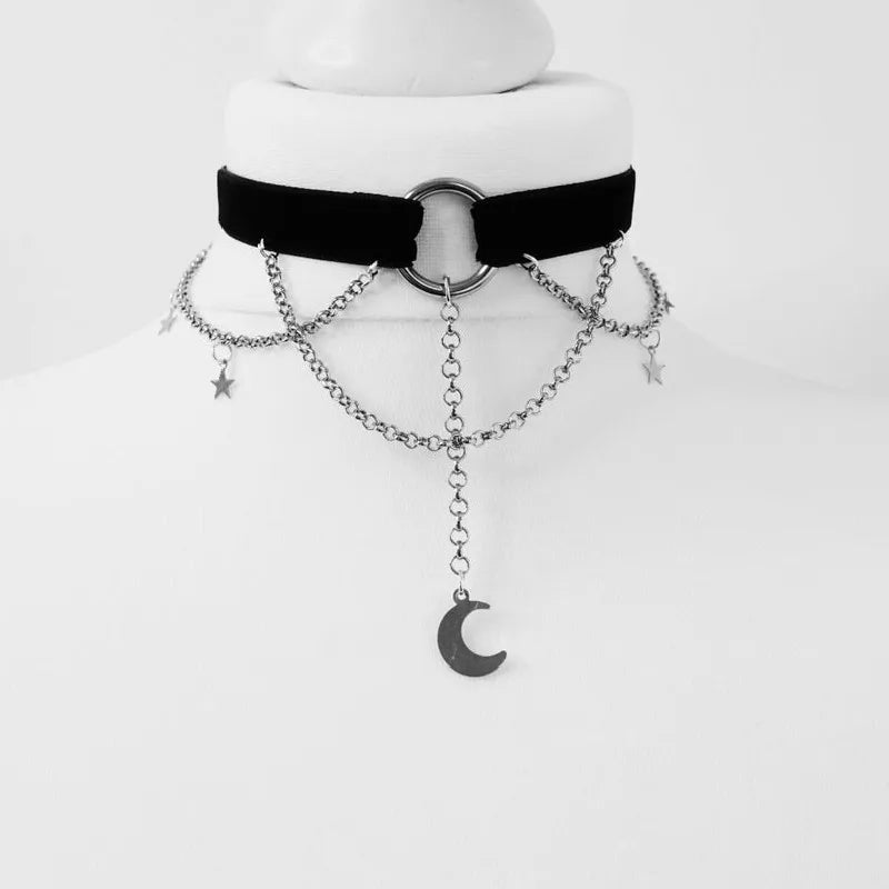 Goth Moon and Stars Crecent Chain Choker - Steel color