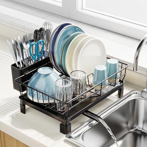 GSlife Dish Drying Rack for Kitchen Counter or in Sink - Small Dish Rack for RV and Small Apartment Counter Top Space, Compact Dish Drainer with Utensil Holder and Drain Spout, Black - 1-Tier Black with Drain Spout (Small)