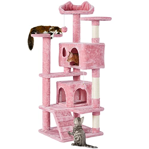 Yaheetech 54in Cat Tree Tower, Multi-Level Cat Tree for Indoor Cats with Scratching Posts, Dangling Balls Cat Play House, Pink - Pink - 54in