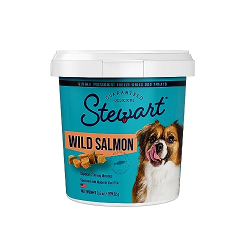 Stewart Freeze Dried Dog Treats, Wild Salmon, 9.5 oz Grain Free & Gluten Free, Resealable Tub, Single Ingredient, Training Treat in Beef Liver, Salmon, Chicken Liver & Chicken 4, 14, 21 oz - Salmon - 9.5 Ounce (Pack of 1)
