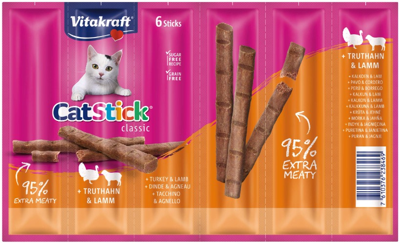 Vitakraft Cat-Stick mini - Dolcetto per gatto con tacchino e agnello - 1 x 6 stick