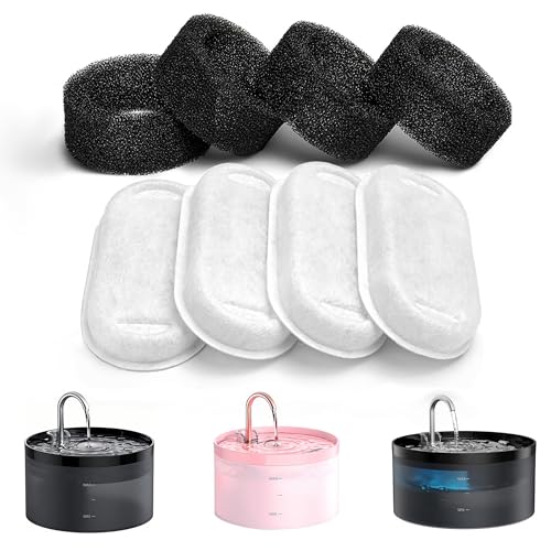 GIOTOHUN Filtri Fontanella per Gatti, 4 Pezzi Filtro + 4 Pezzi di Spugna, Filtro per Capelli (Spugna), Tripla Filtrazione, Adatto per H1 - 4 Filtro + 4 Spugna