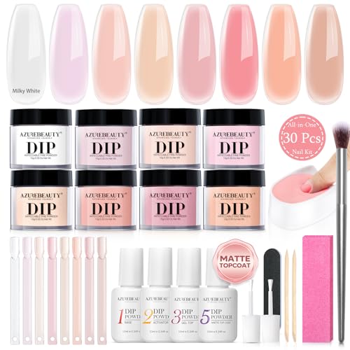 AZUREBEAUTY Dip Powder Nail Kit, Jelly Translucent Milky White Sheer Pink Nude Neutral Clear 8 Colors, Dipping Powder Liquid Set Added Matte Top Coat with Nail Sticks French Nail Art Manicure Salon - A3-Crystal Translucent