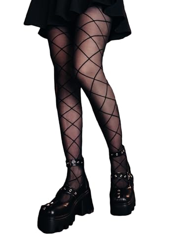 SHENHE Women's Sheer Mesh Heart Patterned Tights High Waist Footed Pantyhose Stockings - One Size - Black-argyle