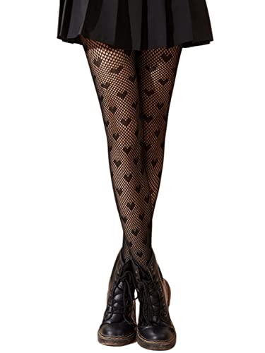 SHENHE Women's Patterned Fishnet Tights High Waist Pantyhose Floral Stockings - One Size - Black Heart