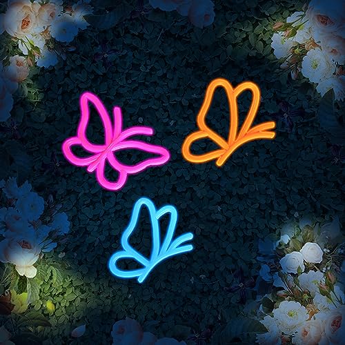 Butterfly Neon Sign - Blue/Yellow/Pink Neon signs for Wall Decor, USB Powered Butterfly Neon Sign Light up Bedroom, Kids Room, Girls, Wedding, Party, Bar.