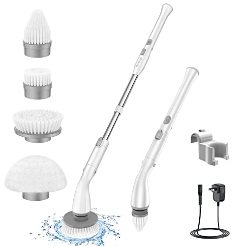 LABIGO Electric Spin Scrubber LA1 Pro, Cordless Spin Scrubber with 4 Replaceable Brush Heads and Adjustable Extension Handle, Power Cleaning Brush for Bathroom Floor Tile (White) - Crisp-white