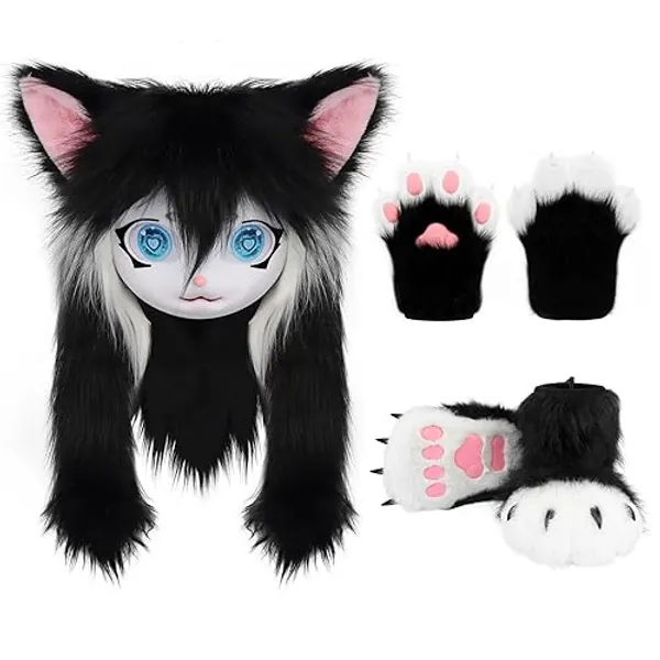 COSYEARS Cat Paw Mittens Gloves Furry Shoes Fursuit Animal Head Mask Halloween Masquerade Cosplay Costume Accessories Set - Adults - Bw