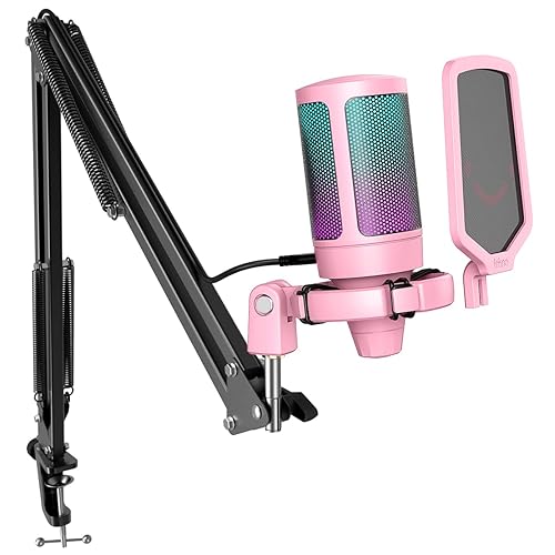 FIFINE Gaming USB Microphone Kit, PC Streaming Recording Computer RGB Microphone Set for Podcasting, Singing, YouTube, Condenser Cardioid Mic with Quick Mute, Gain Knob-A6T Pink - Pink