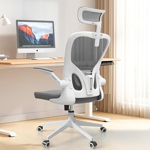 Monhey Office Chairs, Ergonomic Office Chair, Computer Chair with Adjustable Headrest, Lumbar Support, 2D Armrest, Metal Base and Iron Legs, White Frame Grey Mesh Office Chair - White+grey