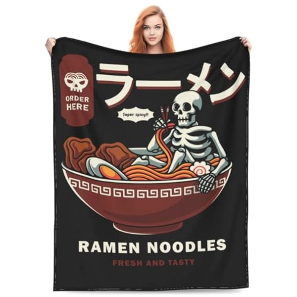 Ramen Noodles Blanket 50''x60'' Skull Relax in a Bowl of Ramen Funny Food Decor Ramen Lover Gifts Soft Cozy Flannel for Couch Sofa All Season for Adults Kids Birthday Christmas Decorations Black - 50"x60" - Ramen03