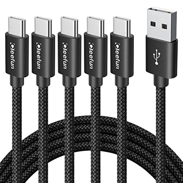 USB C Cable [6ft, 5-Pack], CLEEFUN USB A to USB Type C Charging Cable Fast Charge Braided Charger Cord for iPhone15 Plus/15 Pro Max Samsung Galaxy S22 S21 S20 FE Ultra 5G S10 S9 Note 10 9, LG and More - 6ft+6ft+6ft+6ft+6ft - Black - 5