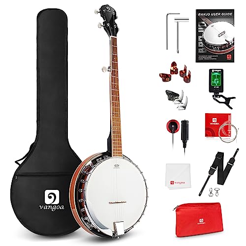 Vangoa 5 String Banjo, Remo Head, Resonator & Open Back with beginner Kit, Tuner, Strap, Pick up, Strings, Picks and Bag - full-size - 5 String Banjo