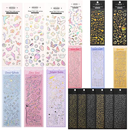 18 Sheets Scrapbook Kpop Stickers Adhesive Decor Shinny Korean Stickers for Photocards Butterfly Star Moon Waterproof Cute Stickers for Scrapbooking Planner Diary Decoration (Gold, Silver, Heart) - Heart - Gold, Silver