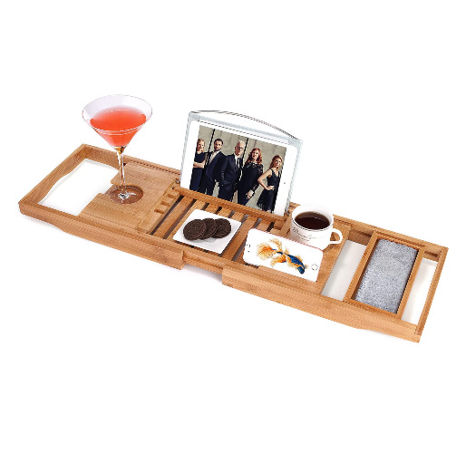 Utoplike Bathtub Caddy Tray, Bamboo Tub Tray with Sliding Towel Holder, Bath Table with Book Holder, Phone Stand and Adjustable Book Reading Rack, Tablet Slots - Tan