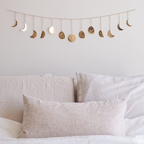 Moon Phase Wall Hanging, Handmade Hammered Gold Metal 13 Moons 36" Garland Boho Decor, Phases of The Moon, Celestial Lunar Art, Bohemian Aesthetic Home Decorations for Bedroom, Headboard, Living Room - Gold Garland