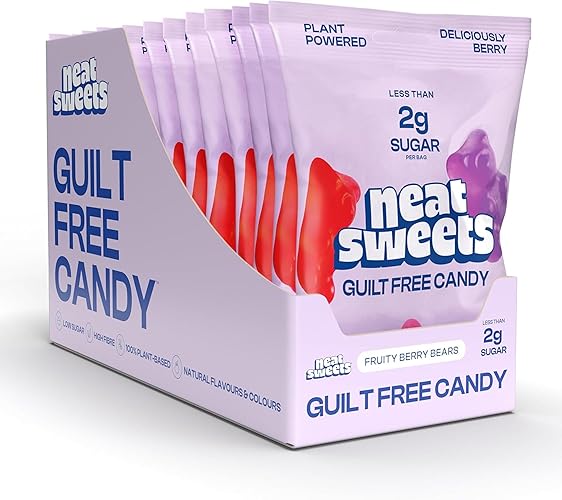NeatSweets Vegan Sweets with Low Sugar - High Fibre, Gluten Free Plant Based Gummy Bears - 1.6g of Sugar per 50g Low Calorie No Added Sugar Guilt-Free Delicious Candy, Fruity Berry Bears x12 50g Packs - Fruity Berry Gummy Bears - Pack of 12