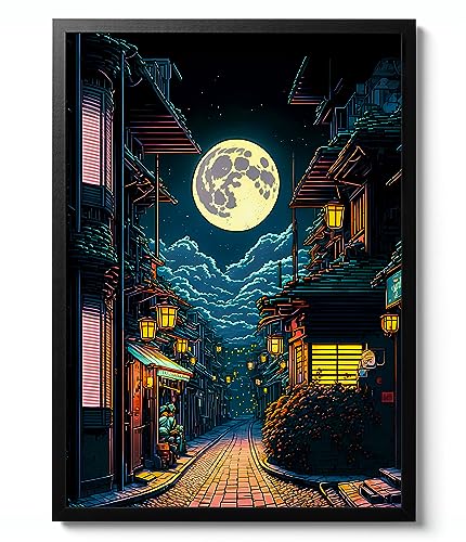 Neon Village Print, Pixel Art Poster, Neon Tokyo Wall Art, Manga Arcade Home Decor, Anime Gift Idea, Archival Matte, A4 (Framed) - 29.7x21cm - Framed - A4