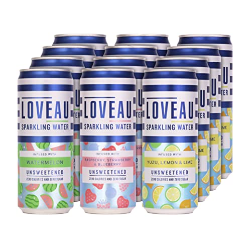 LOVEAU Sparkling Water - Infused with Real Fruit- Mixed Pack- 12 x 330ml Cans- Unsweetened. Zero Calories, NO Sugar or Sweeteners. 100% Natural - Variety Pack - 330 ml (Pack of 12)