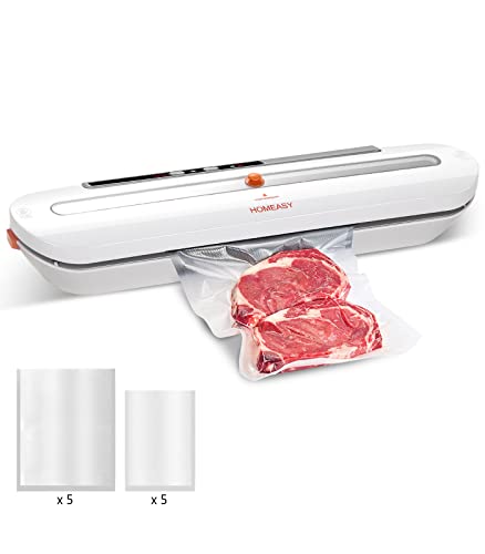Vacuum Sealer, HOMEASY Food Vacuum Sealer Machine One-Touch Sealing for Dry Food Vacuum Sealing Machine with 10Pcs BPA-Free Seal Bags (White) - White