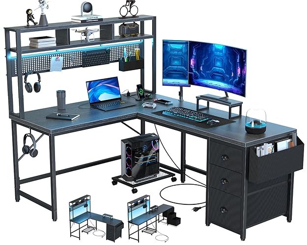 DOMICON Gaming Desk Computer Desk with Pegboard & Shelves Large L Shaped Desk with Drawers, Gaming Desk with Power Outlet & LED & Monitor Stand & Mobile CPU Stand, Corner Deck for Home Office Black - Black