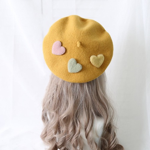 Heart Pattern Kawaii Cozy Cute Beret Hat - Ocre