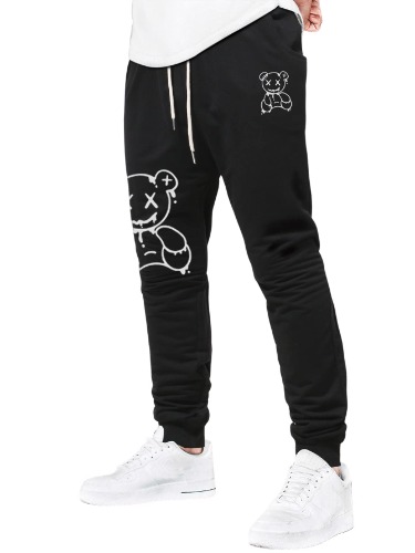 WDIRARA Men's Cartoon Bear Print Drawstring Waist Sweatpants with Pocket - Medium Black
