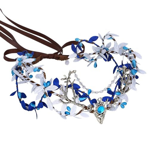 MOSTORY Handmade Woodland Elf Hadpiece - Forest Leaf Crown Fairy Antler Tiara Elven Vine Twig Circlet with Rhinestone Tassel for Renaissance Halloween Cosplay Party Photo Prop Blue - Blue-silver
