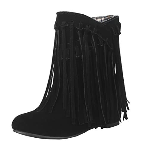 Bellirala Womens Hidden Wedge Fringe Moccasin Booties Tassel Boots - 10 - Black