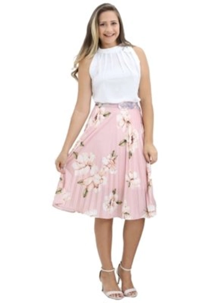 Saia Midi Plissada com Forro Urbania Médio Rosa prensada Moda Blogueira estampa floral